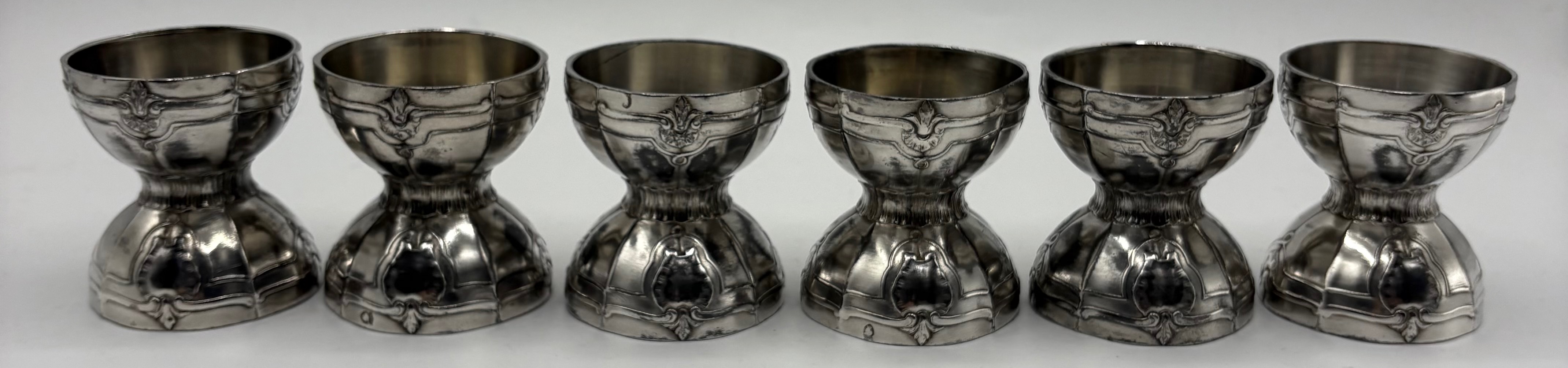 A Set Of Six Silver-plated Metal Egg Cups From The 1900s By The Silversmith Minerva