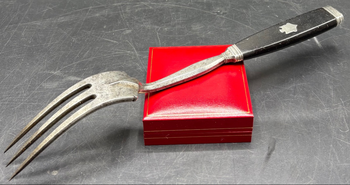 GRANDE FOURCHETTE À VIANDE EN ÉBÈNE FER FORGÉ ET ARGENT VERS 1830 FRANÇAISE-photo-2