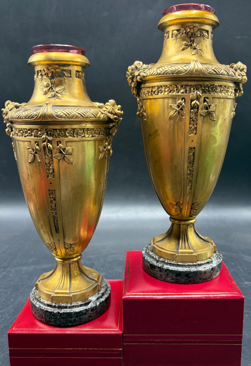 PAIRE DE VASES SOLIFLORES EN BRONZE CISELÉ DORÉ ET CRISTAL PAR BARBEDIENNE FIN XIXÈME -photo-3
