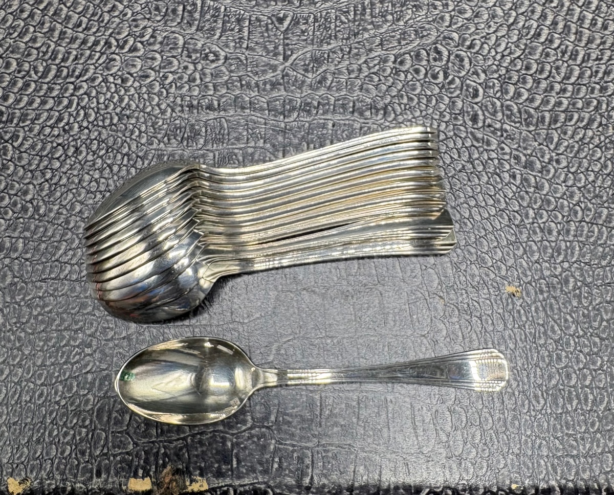  COFFRET DE DOUZE CUILLÈRES À MOKA VERS 1920 EN MÉTAL ARGENTÉ CHRISTOFLE MODÈLE PALME-photo-3