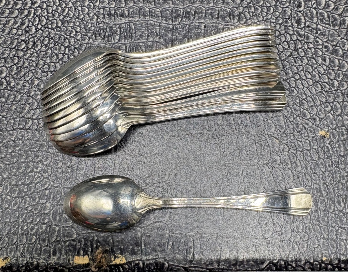  COFFRET DE DOUZE CUILLÈRES À MOKA VERS 1920 EN MÉTAL ARGENTÉ CHRISTOFLE MODÈLE PALME-photo-4