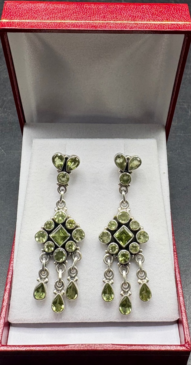 Pair Of Solid Silver And Peridot Earrings From The 1960s, Imported 
