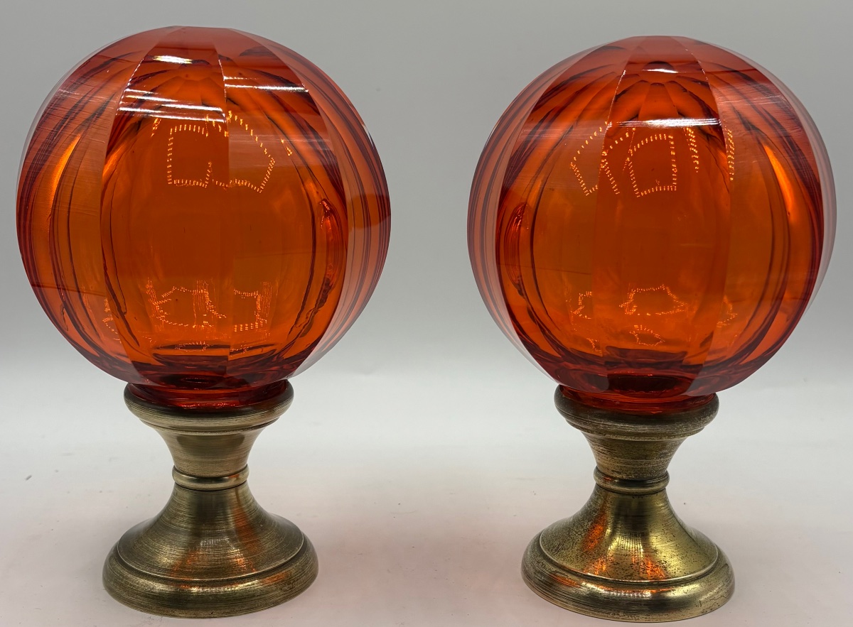 A Pair Of Crystal Stair Balls, Blown And Cut, With Bronze Base, Circa 1950–60, French-photo-2