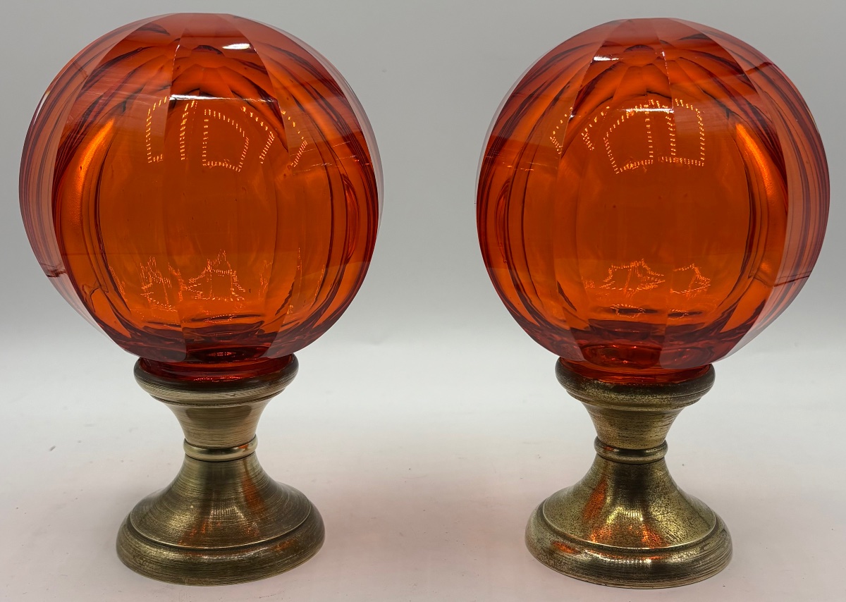 A Pair Of Crystal Stair Balls, Blown And Cut, With Bronze Base, Circa 1950–60, French-photo-3