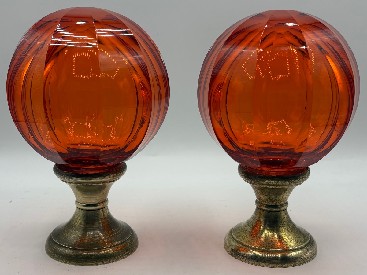 A Pair Of Crystal Stair Balls, Blown And Cut, With Bronze Base, Circa 1950–60, French-photo-4