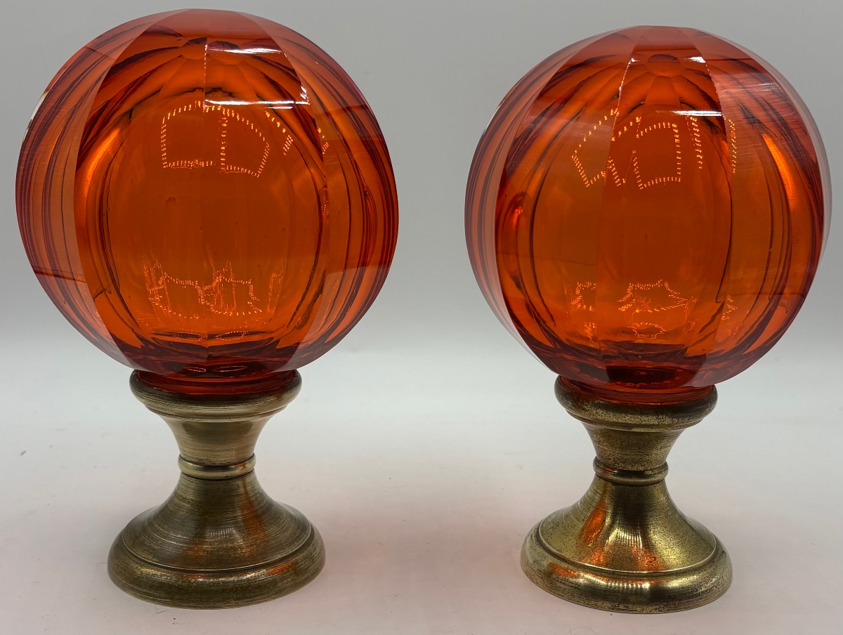 A Pair Of Crystal Stair Balls, Blown And Cut, With Bronze Base, Circa 1950–60, French
