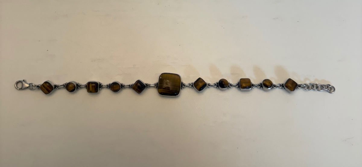 BRACELET GOURMETTE EN ARGENT MASSIF ET CABOCHONS D’OEIL DU TIGRE DES ANNÉES 1980 EUROPÉEN -photo-2