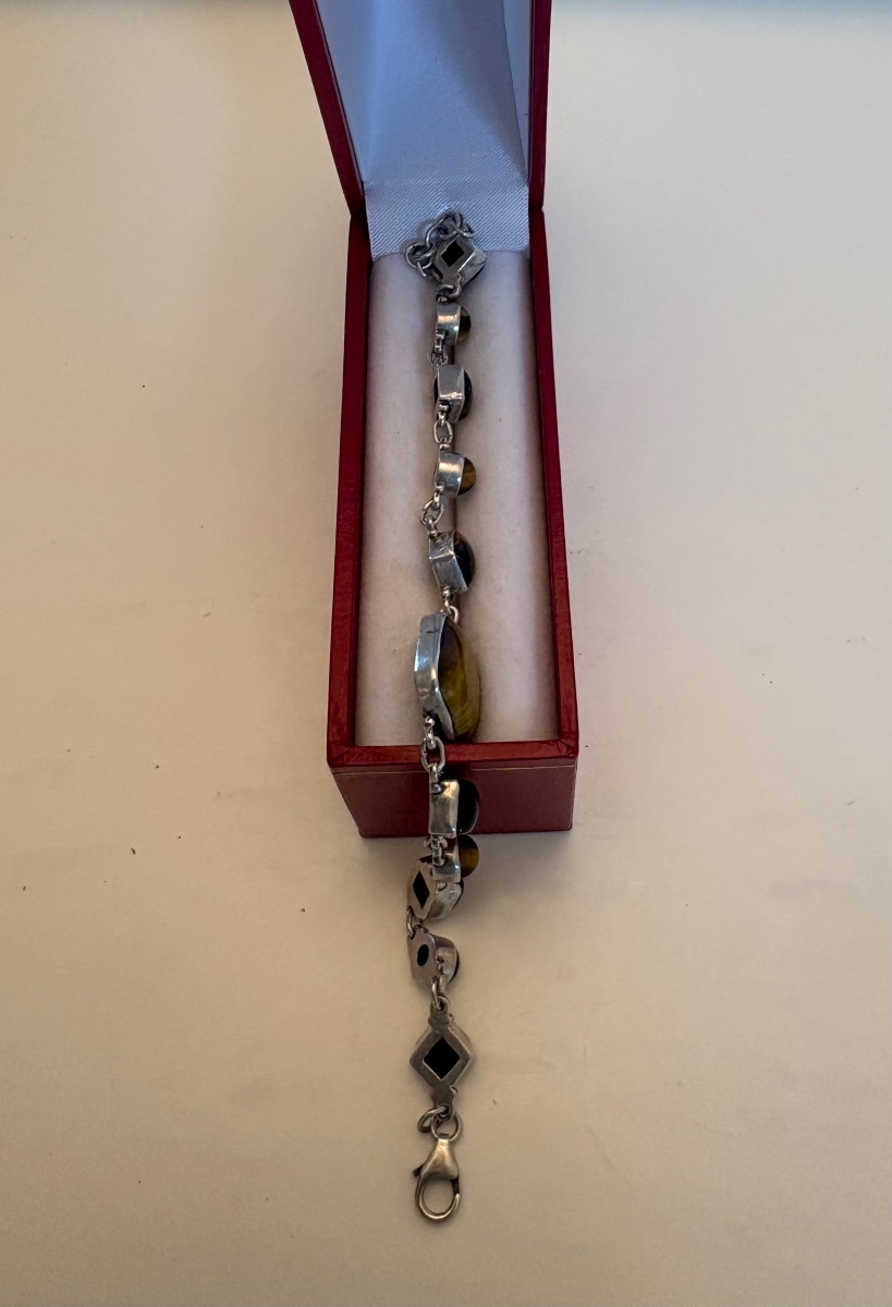 BRACELET GOURMETTE EN ARGENT MASSIF ET CABOCHONS D’OEIL DU TIGRE DES ANNÉES 1980 EUROPÉEN -photo-2