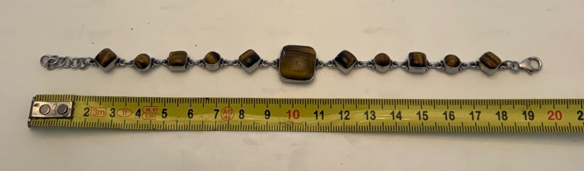 BRACELET GOURMETTE EN ARGENT MASSIF ET CABOCHONS D’OEIL DU TIGRE DES ANNÉES 1980 EUROPÉEN -photo-5