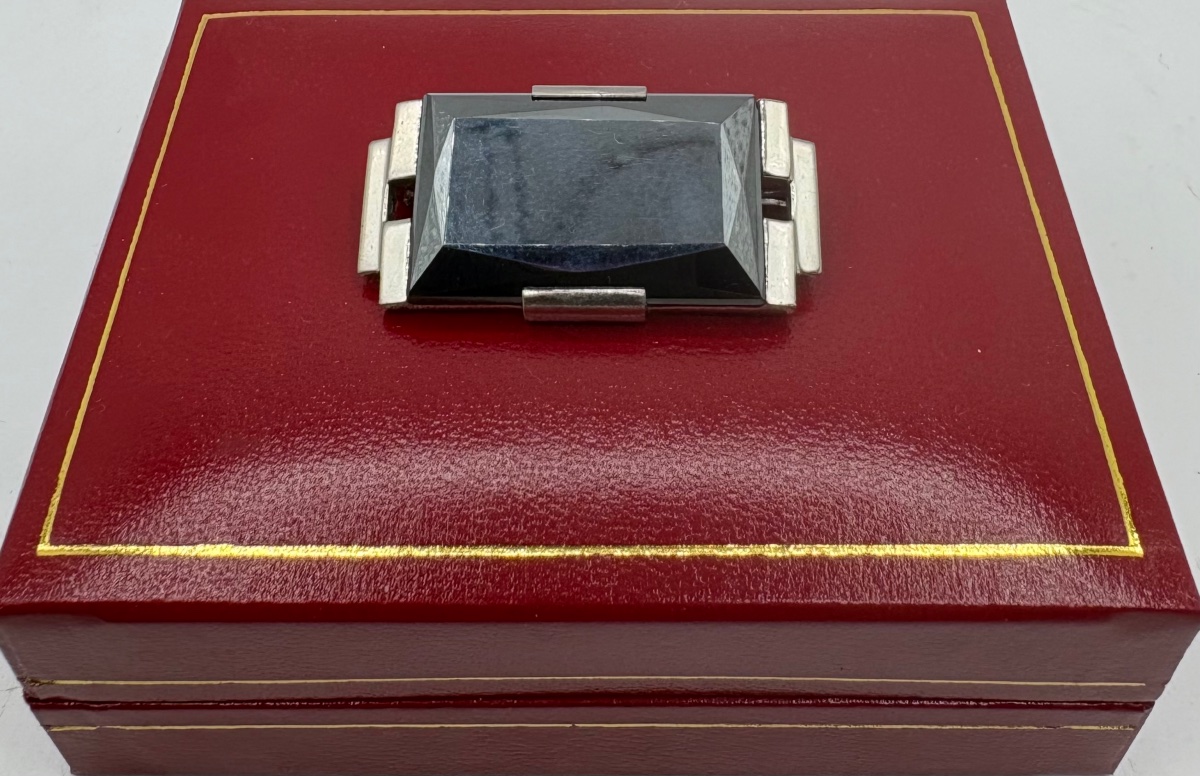 1930s French Solid Silver And Onyx Brooch 