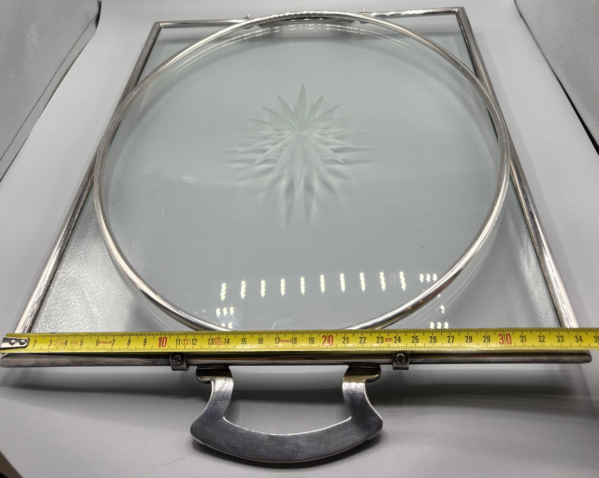 1930s Vuillermet Silver-plated Metal And Crystal Serving Or Display Tray -photo-6