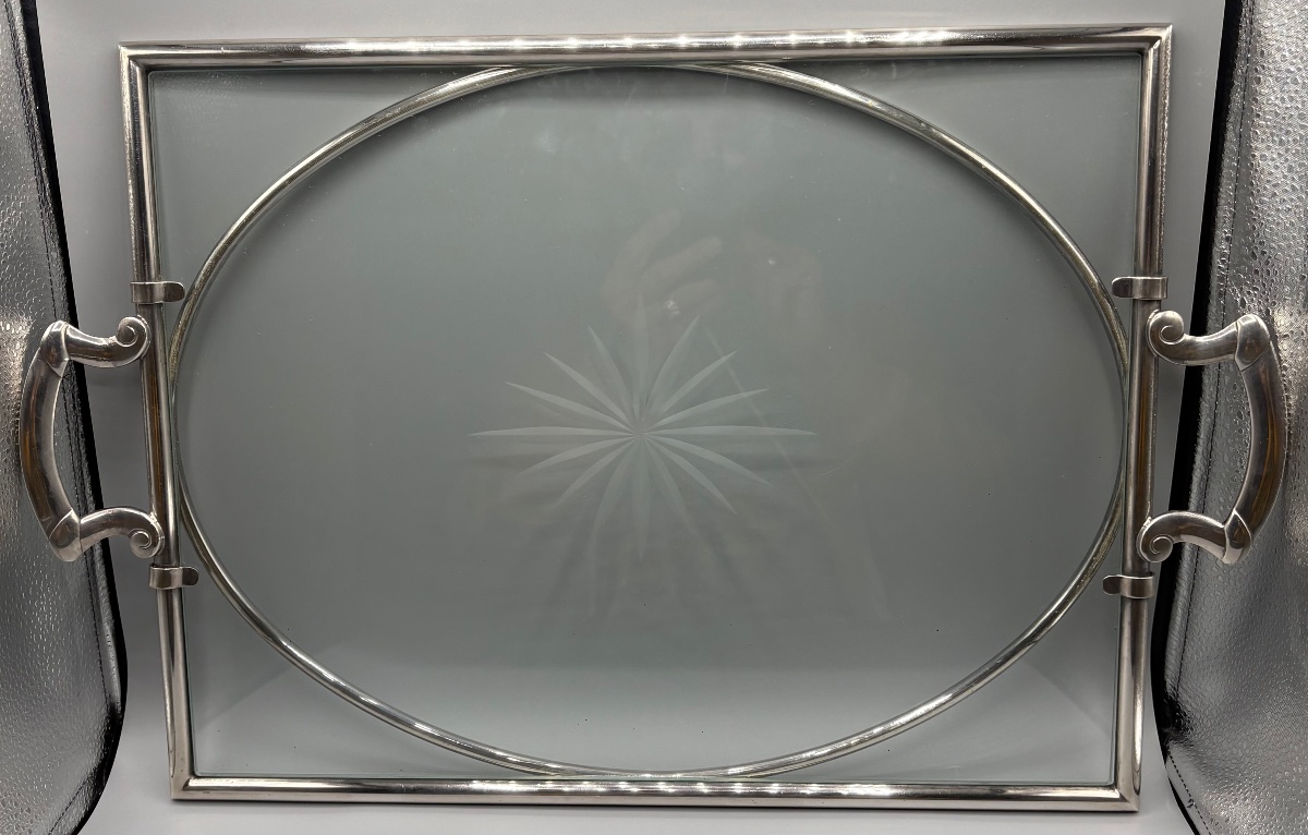 1930s Vuillermet Silver-plated Metal And Crystal Serving Or Display Tray 