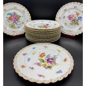 12 Assiettes à Dessert Porcelaine émaillée Peinte Saxe XIXème 