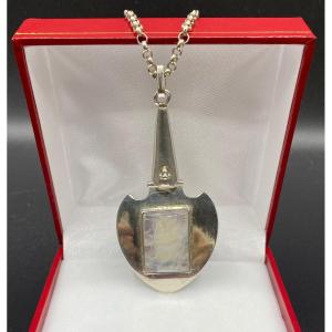 Pendentif Argent Massif Et Cabochon De Labradorite Vers 1950