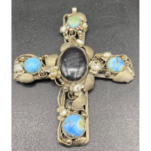 Cross In Sterling Silver Turquoises Baroque Pearls And Hematite Circa 1920