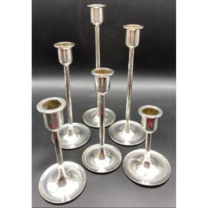 Series Of 6 Silver Metal Candlesticks From The 1950s/60s