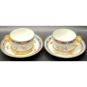 Pair Of Limoges Porcelain Breakfast Cups Strapping In Sterling Silver By Tadpole