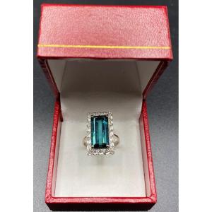 Bague Or Blanc Tourmaline Et Diamants Vers 1930