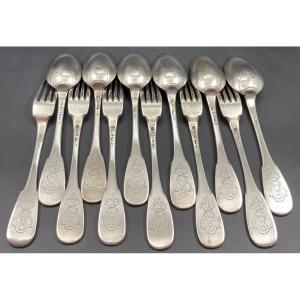 A Suite Of 6 Table Place Settings In 1757 Valenciennes Armored Sterling Silver