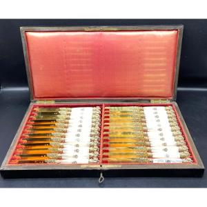 Box Of 24 Fruit Knives In Sterling Silver Vermeil From The 19th Century By Lassère La