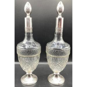 Pair Of Decanters In Crystal And Sterling Silver Late 19th Century