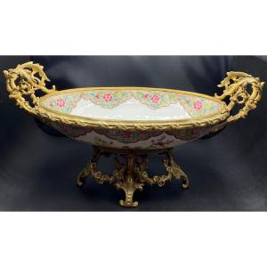 Grande Coupe Milieu De Table En Porcelaine Montée Bronze Chine XIXème 