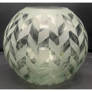 Ball Vase In Blown Glass With Sandblasted Decor From The 1930s