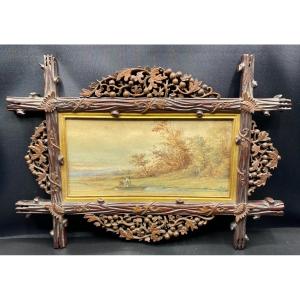Watercolor By J. Doublet Around 1900 And Carved Wooden Frame 
