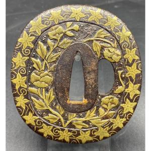 Japanese Tsuba In Wrought Iron And Gilded Copper Dinanderie 18th 