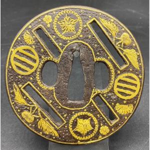 Tsuba Japonais XVIIIème Fer Forgé Et Dinanderie De Cuivre Doré 