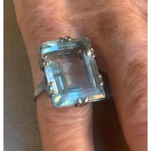 Ring With Important Aquamarine Mounted In French Solid Silver Circa 1930