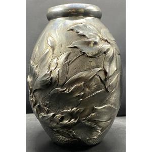 Large Repoussé Pewter Vase Chiseled By Renal From The 1920s