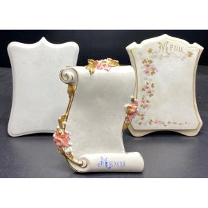 3 Menu Holders In Golden Enameled Porcelain, Limoges Circa 1900