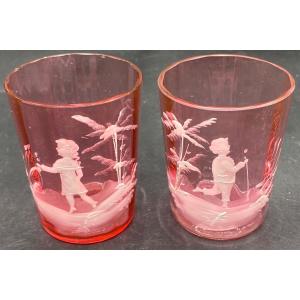 Pair Of Small Mary-gregory Enameled Crystal Glasses Circa 1900