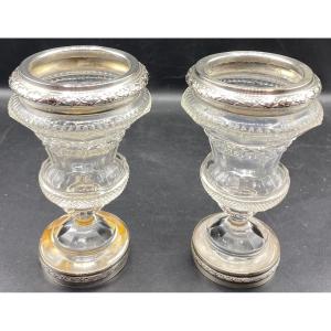 Pair Of Small Medici Vases In Cut Crystal Mounted In Sterling Silver Late 19th Century French 