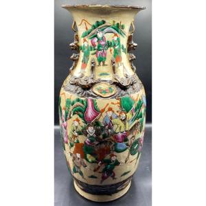 Grand Vase Nankin En Grès Vernissé Craquelé Et émaillé à Couleurs Fin XIXème