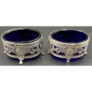 Pair Of Salerons In Sterling Silver And Blue Sèvres Crystal Mid-19th French 