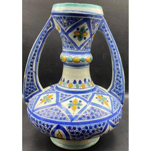 Vase En Terre Cuite Vernissée Peint Signé Du Maroc Vers 1930/40