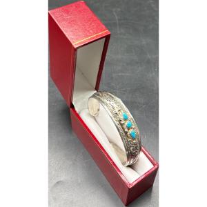 BRACELET JONC OUVERT EN ARGENT MASSIF TURQUOISES INDE DES ANNÉES 1960/70