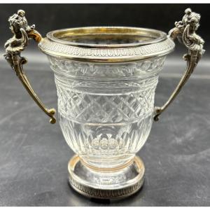VASE «  MÉDICIS «  EN CRISTAL SOUFFLÉ TAILLÉ ET ARGENT MASSIF FRANÇAIS VERS 1860