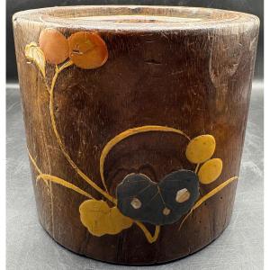 Small Wooden Hibachi With Inlaid Japanese Decorations Circa 1890
