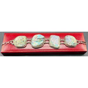 BRACELET EN ARGENT MASSIF ET NACRE DES ANNÉES 1960/70 FRANÇAIS 