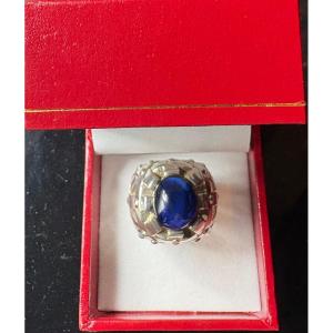 1980s French Solid Silver & Sapphire Men's Signet Ring 