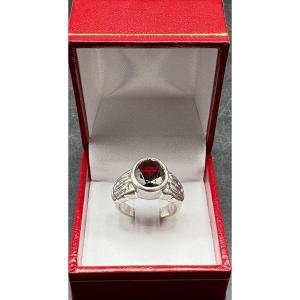 BAGUE HOMME EN ARGENT MASSIF ET GRENAT DES ANNÉES 1930 FRANÇAIS 