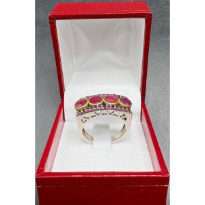 BAGUE MIXTE EN ARGENT MASSIF SPINELLES ET KATOÏTE EUROPÉENNE DES ANNÉES 1950