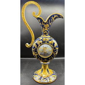 Decorative Glazed Earthenware Ewer Painted By Devres, Circa 1900
