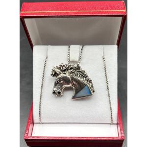 PENDENTIF EN ARGENT MASSIF ET NACRE TEINTÉE DES ANNÉES 1970/80 EUROPÉEN 