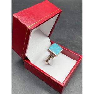BAGUE HOMME EN ARGENT MASSIF ET INTAILLE EN TURQUOISE DES ANNÉES 1950/60 D’INDE