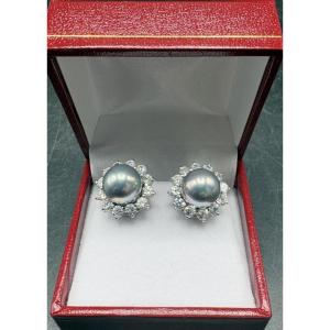 PAIRE DE BOUCLES D’OREILLES ARGENT MASSIF PERLE DE CULTURE ET OXYDES DE ZIRCONIUM DE TAHITI