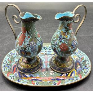 19th-century Cloisonné Brass Tray And Its Urettes From Japan, Made For France 